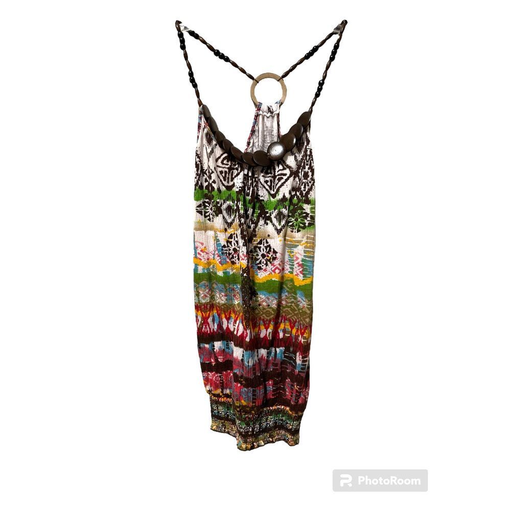 Unbranded Vibrant Island Print Tank Top with Beaded Neckline and Elastic Waist